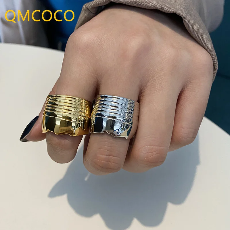 

QMCOCO 925 Серебряные геометрические широкие кольца INS модные хип-хоп очаровательные винтажные парные несимметричные линии дизайнерские вечер...
