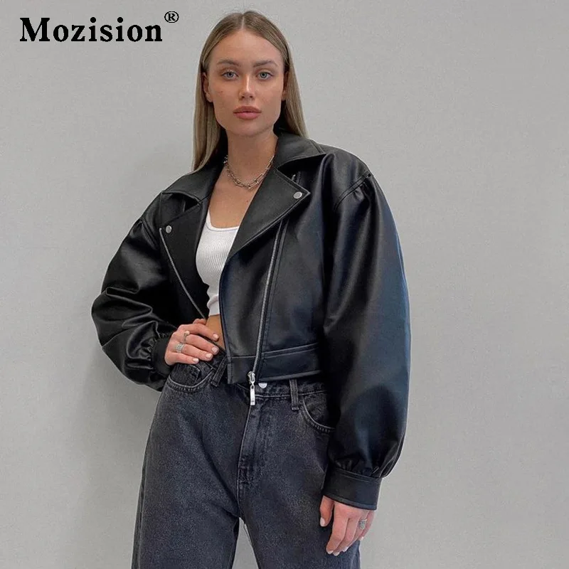 

Куртка женская из экокожи, с отложным воротником и пышными рукавами, на молнии