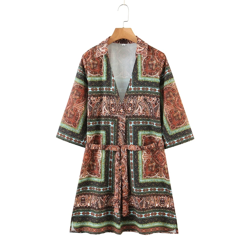 

Summer Flare Sleeve Turn Down Collar Vintage Dress Women Printed Floral Abvove Knee Casual Vacation Dress