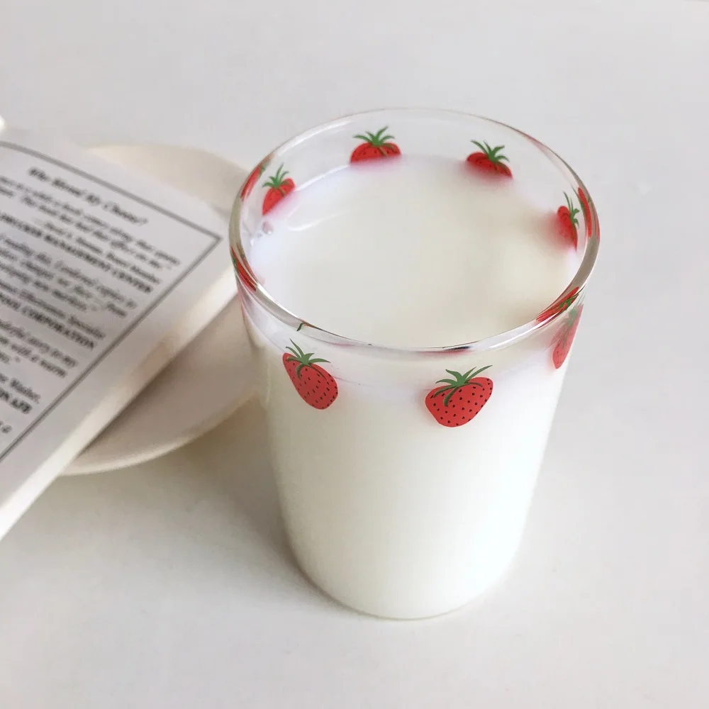 300ml Strawberry Cute Glass Cup With Straw Creative Transparent Water Student Milk Heat Resistant Nana | Дом и сад