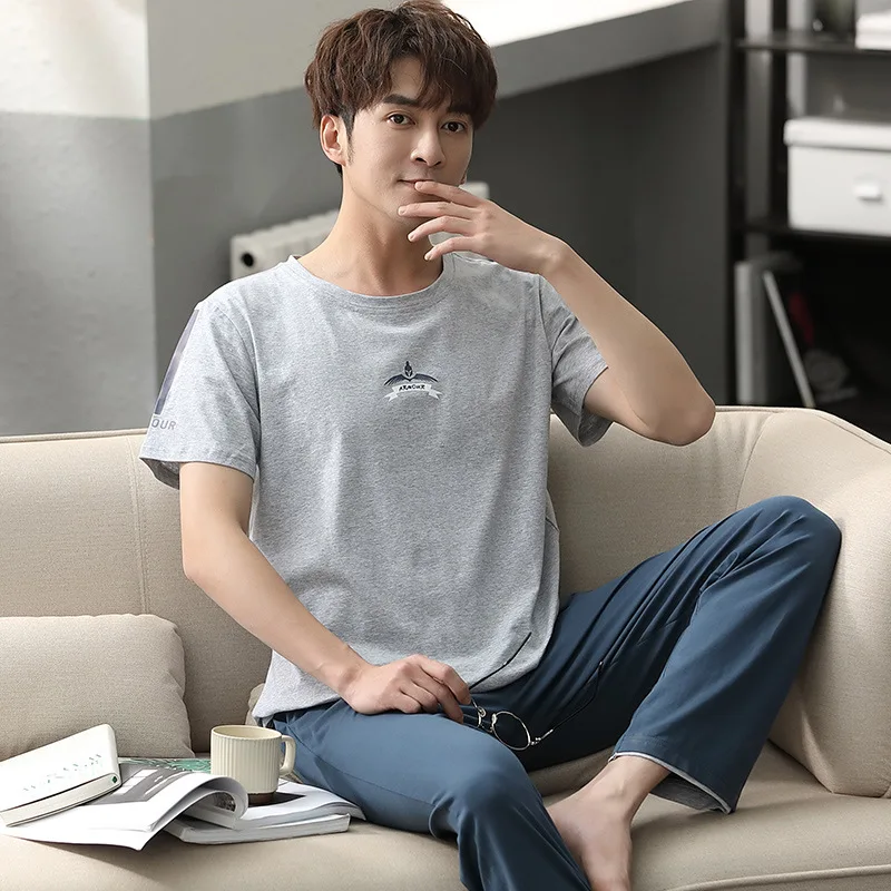 

Pajamas Modal Men'S Summer Short-Sleeved Trousers Bourette Thin Casual Youth Top Grade Spring And Homewear Set
