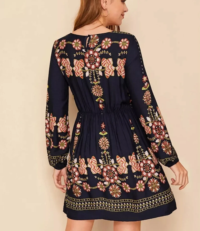 

Women Autumn Boho Floral Mini Dress Beach A-Line Dresses Sundress