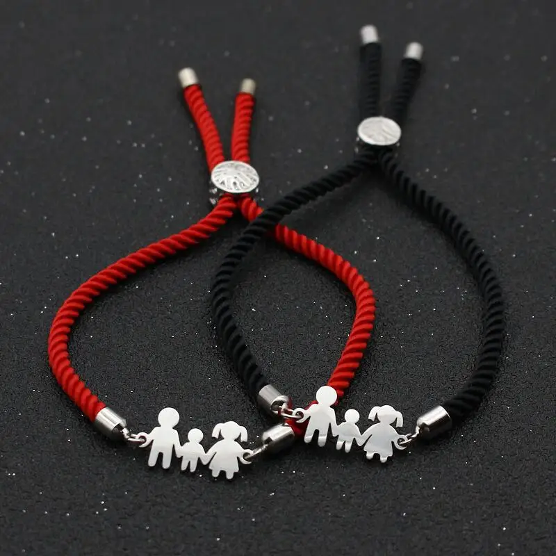 Cute Bear Family Dad Mom Son Stainless Steel Bracelets& Bangles Charm Simple Adjustable Rope Chain Bracelet Men Women Jewelry