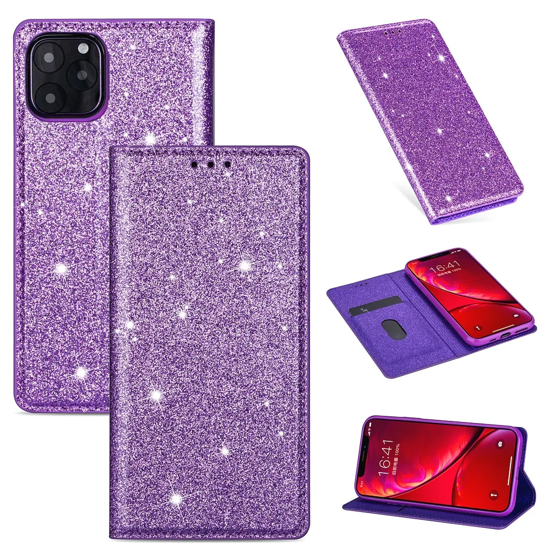 Блестящий кожаный магнитный флип-чехол для IPhone X Xr Xs 11 pro Max Bling кошелек держатель для карт Обложка для книги для IPhone 8 7 6 6s Plus - Цвет: Purple CSJ