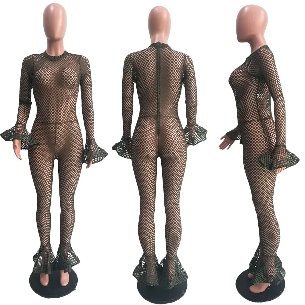 HAOYUAN Sexy Fishnet Sheer Rompers Womens Jumpsuit Long Sleeve Bodycon Overalls Festival Clothing Fall Club One Piece Jumpsuit