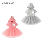 Милое пасхальное платье для маленьких девочек, 2021, однотонное, с короткими рукавами, с 3D ушками, с капюшоном, из тюля, повседневная детская одежда