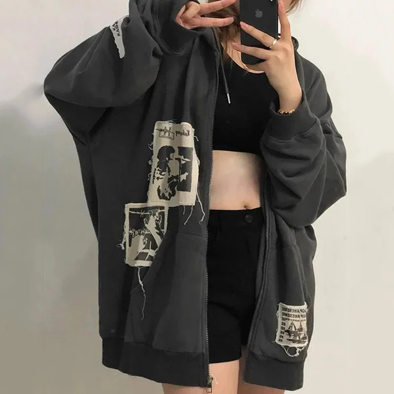 

Winter women's street brown graffiti print zip vintage tops hoodie sweatshirts hoodies kawaii Blouse grunge y2k coats jackets