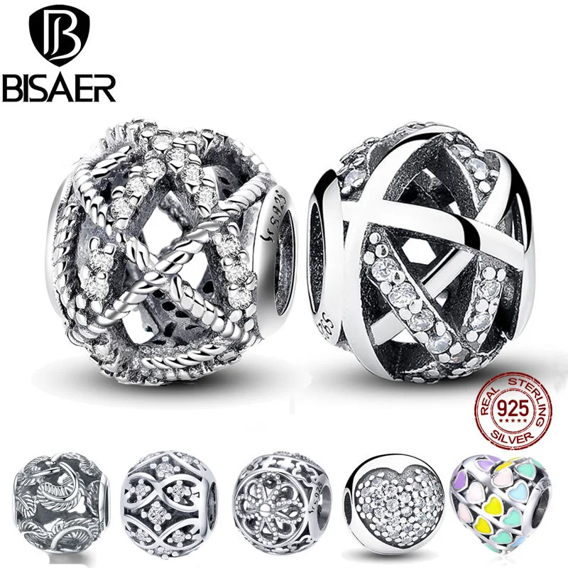 BISAER berloque, 925 пробы, Серебряное сердце, амулеты, цветок, смешанные стеклянные бусины, подходят для браслетов и браслетов, серебро 925, изготовление ювелирных изделий