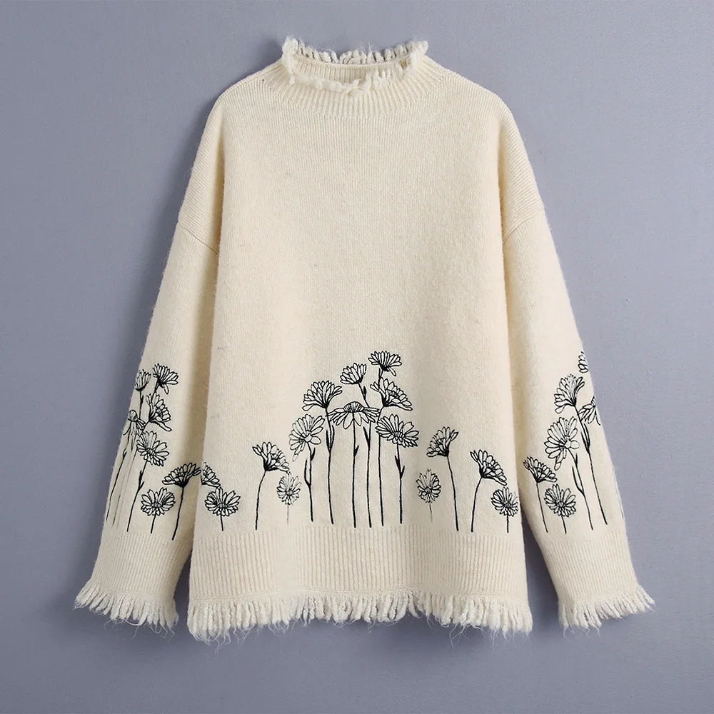 

Knitted Sweaters 2021 Fashion Frayed Trim Vintage Embroidery Sweater Women Pullover Drop Shoulder Long Sleeve Oversized Sweater
