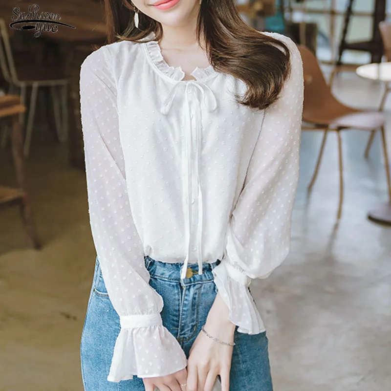 

Autumn New Arrival Women Shirt Sweet Female Korean Style OL Blusa Stand Collar Polka Dot Long-sleeve Suntan Women Blouse 10418