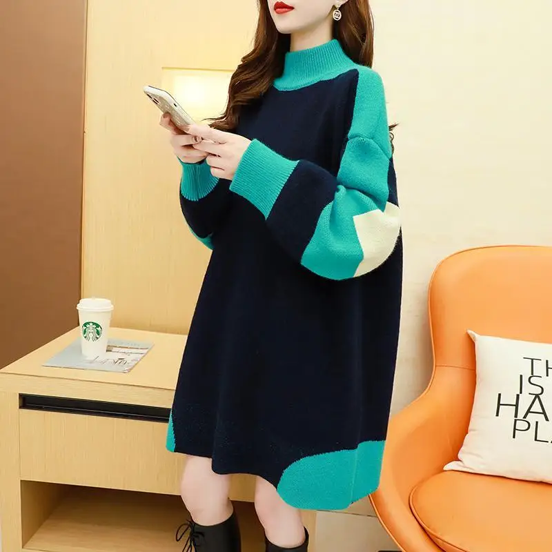 

2021 Women Autumn Winter New Patchwork Pullovers Female Loose Long Sleeve Knitted Jumpers Ladies Thick Warm Sweater Tops Y579