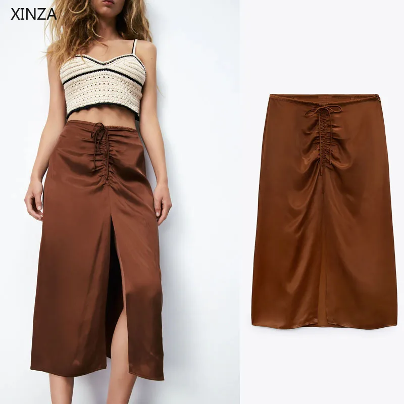 

Женская атласная юбка с высокой талией ZA, элегантная винтажная юбка миди с драпировкой и эластичным поясом, с разрезом спереди, лето 2021