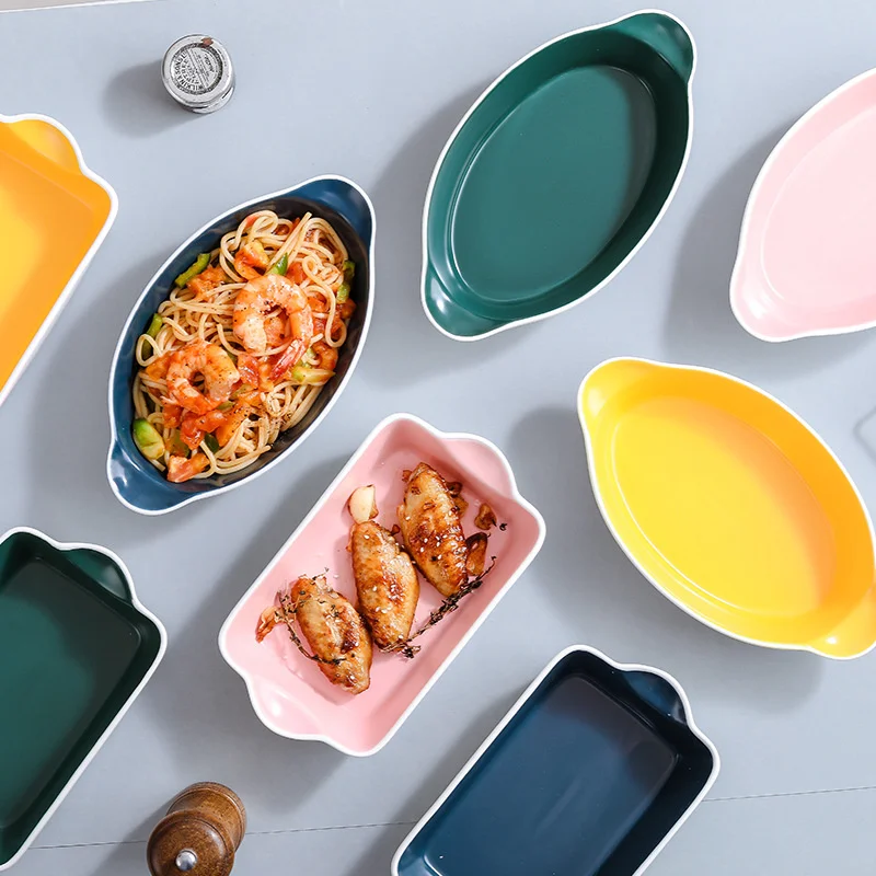 

Ceramic Rectangular Oval Binaural Cheese Risotto Plate Baking Dish Microwave Western Food Tableware Oven Bowl Baked Rice Plates