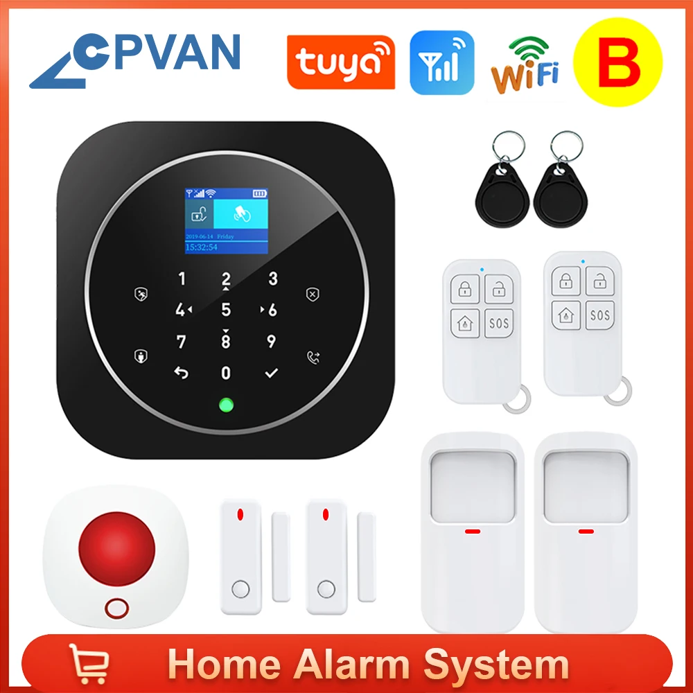 

CPVAN WiFi Home Alarm System Tuya Smart Life APP Wireless GSM Security Alarm Kit LCD Touch Keyboard 11 Languages Compatible Alex