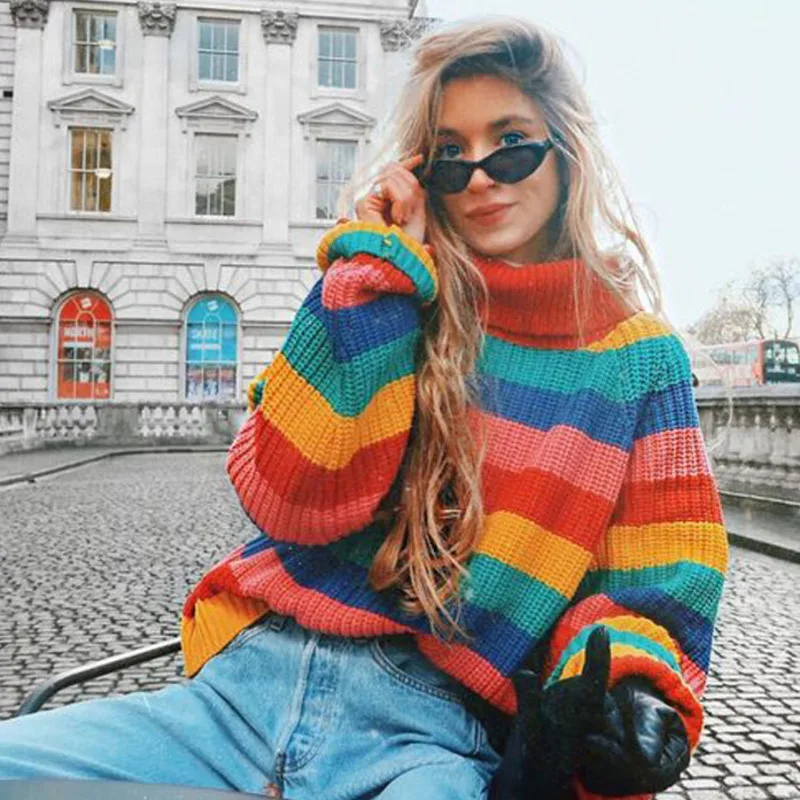 

Rainbow Sweaters Women Turtleneck Jumpers Knitted Clothes Vogue Striped Oversize Knitted Sweater Pullover Female Streetwear