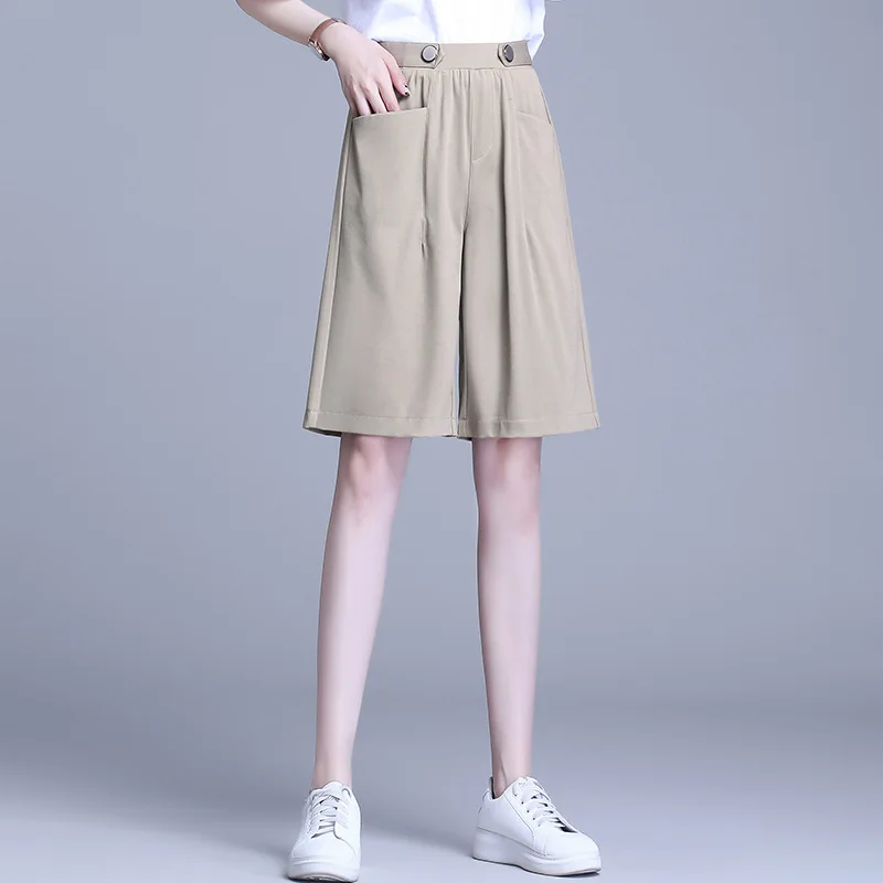 

New Summer Knee Length Pockets Women Shorts Fashion Office Ladies High Waist Solid Wide Leg Loose Thin Shorts Plus Size 2021