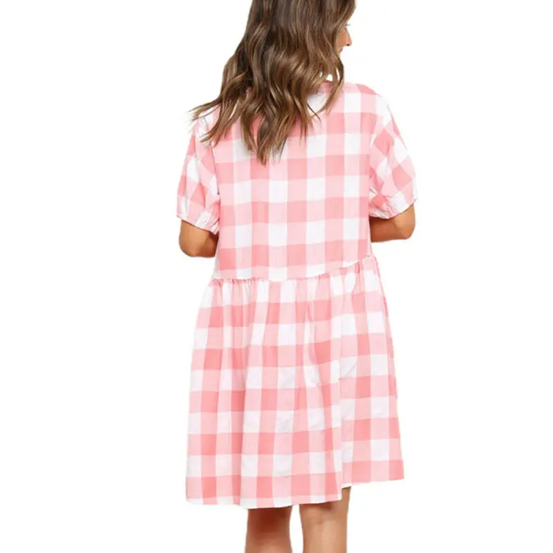 

VICABO Woman Dress White Pink Patchwork Women Clothing Plaid Summer Casual V-Neck Robe Short Sleeve A-Line Loose Mini Dress