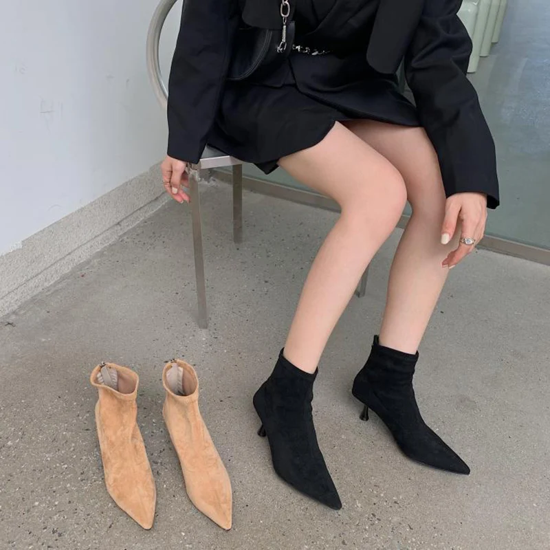 

2021 New Fashion Flock Ankle Boots Thin Mid Heel Ladies Elegant Chelsea Boots Comfortable Pointed Toe Slip On Female Short Boot
