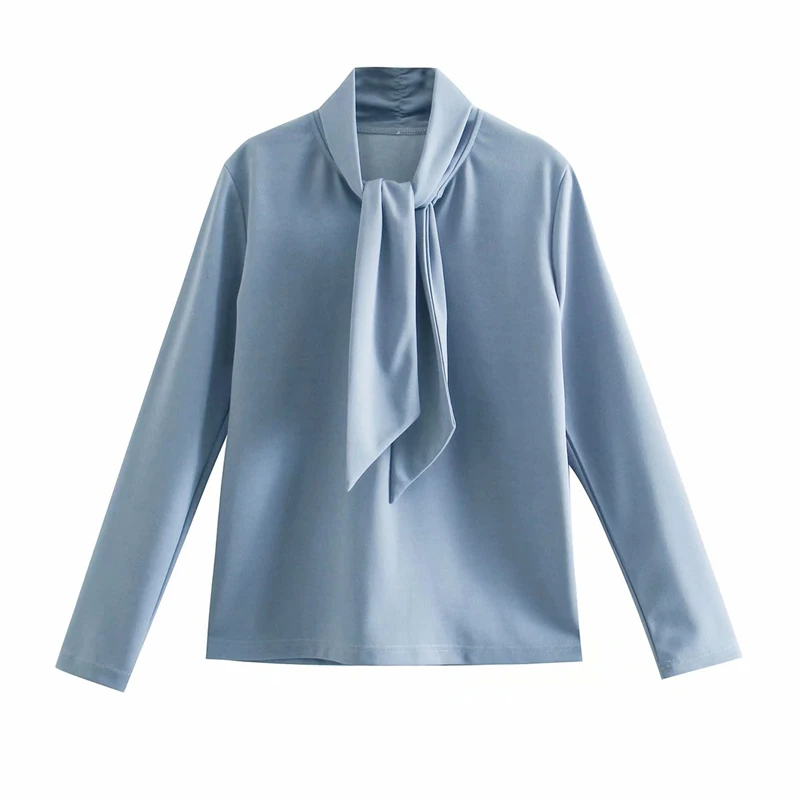 

ZXQJ Elegant Women Solid Soft Shirts 2021 Fashion Ladies Stand Collar Cord Tops Sweet Female Chic Sky Blue Blouses