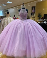 2022 princess 15 year quinceanera dresses lilac color beaded sexy halter sleeveless bodice corset seuqins skirt long debut dress