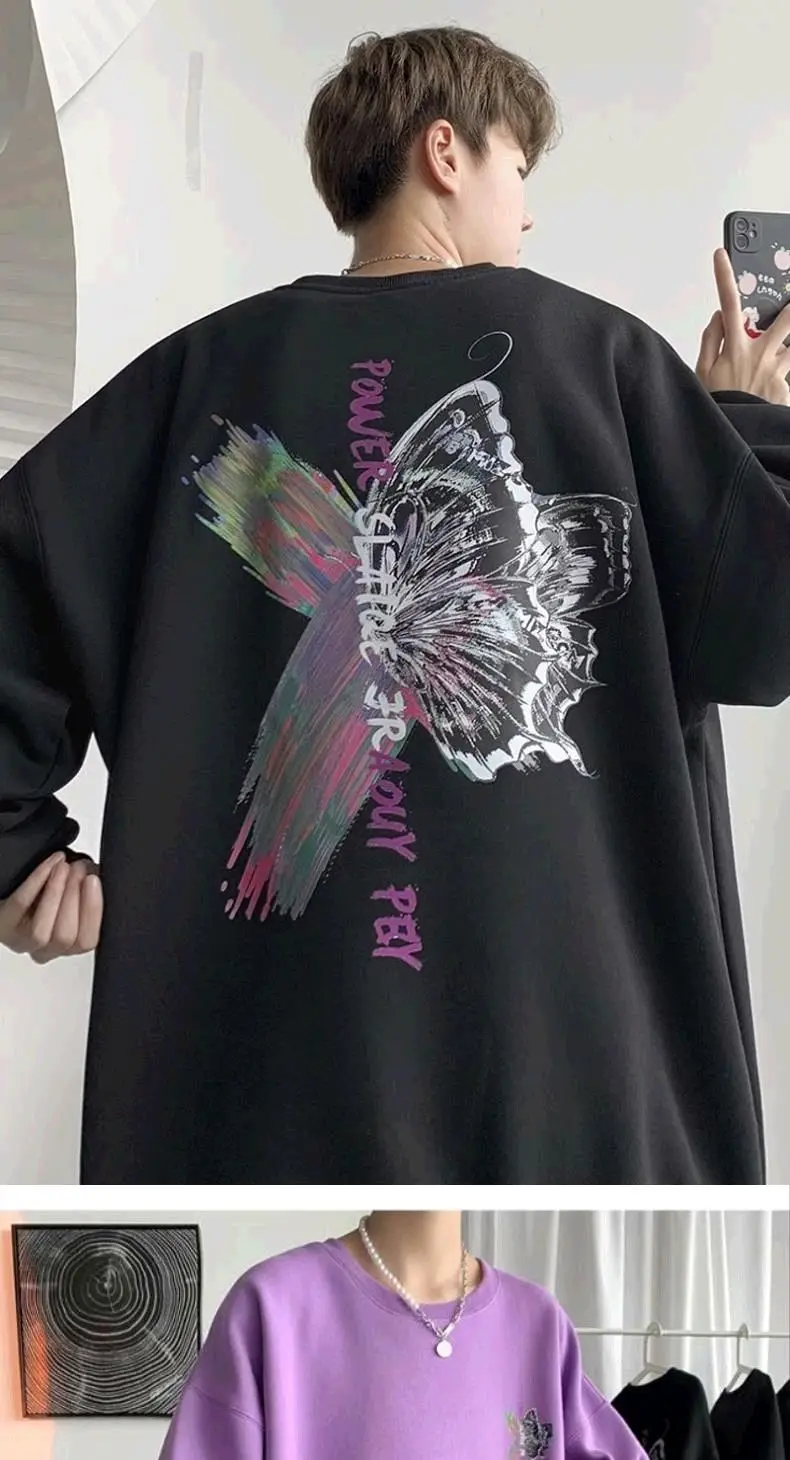 

Hong Kong wind hoodie male spring and autumn loose leisure coat ruffian hand-painted butterfly print jacket bottom shirt