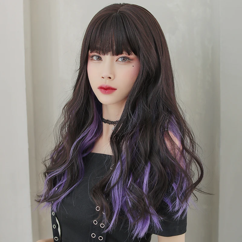

PIAOYUN WIGS Long Wave Black Purple Hair With Bang Synthetic Wig 26 Inches Heat Resistant Wig For Women