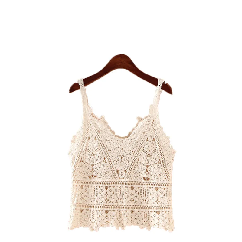 

Summer New Hook Flower Lace Solid Stitching V-neck Camis Female Knitted Short Section Slim Outer Wear Shirt Trend Tank Tops