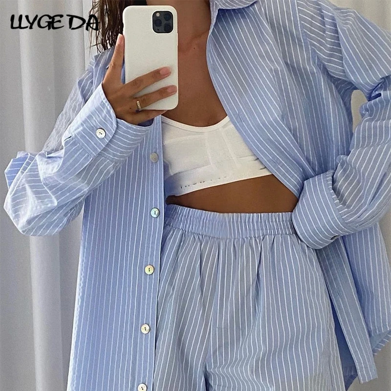 

Single Breasted Shorts Sets Women's Suit Long Sleeve Striped Shirts And Elastic Waist Shorts 2021 Summer Two Piece Set Women