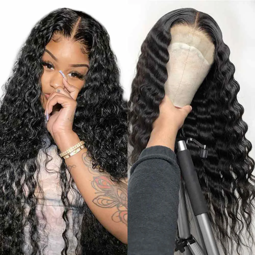 

Brazilian Deep Wave Lace Front Human Hair Wigs Deep Curly Wave HD Transparent 13x6x1 T Part Lace Wigs Remy 28Inch Hair Wig
