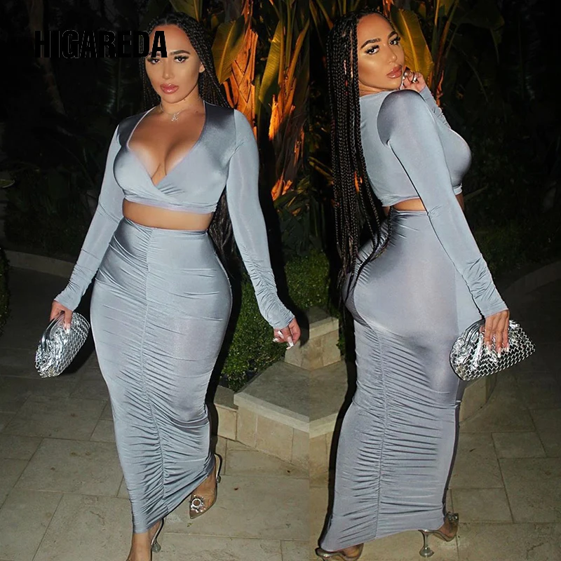 

2020 Long Sleeve V-Neck Sexy Crop Top Skirt 2 Piece Set Autumn Winter Women Fashion Streetwear Party Elegant Tracksuit