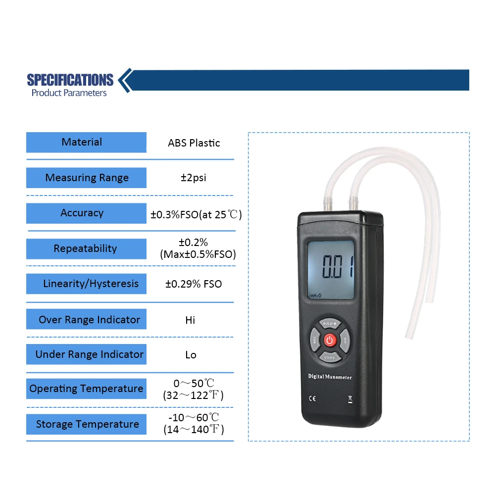 

Hand-held LCD Digital Dual-port Manometer Differential Air Pressure Gauges Tester with 11 Units of Measurement/13.78kPa/2psi