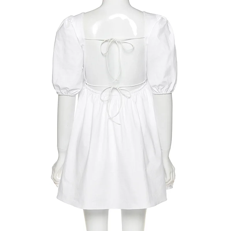 

Fanco 2020 Summer New Women's White Dress Bubble Sleeve Square Collar Solid Color Sexy Backless Slim High Waist Female Vestidos