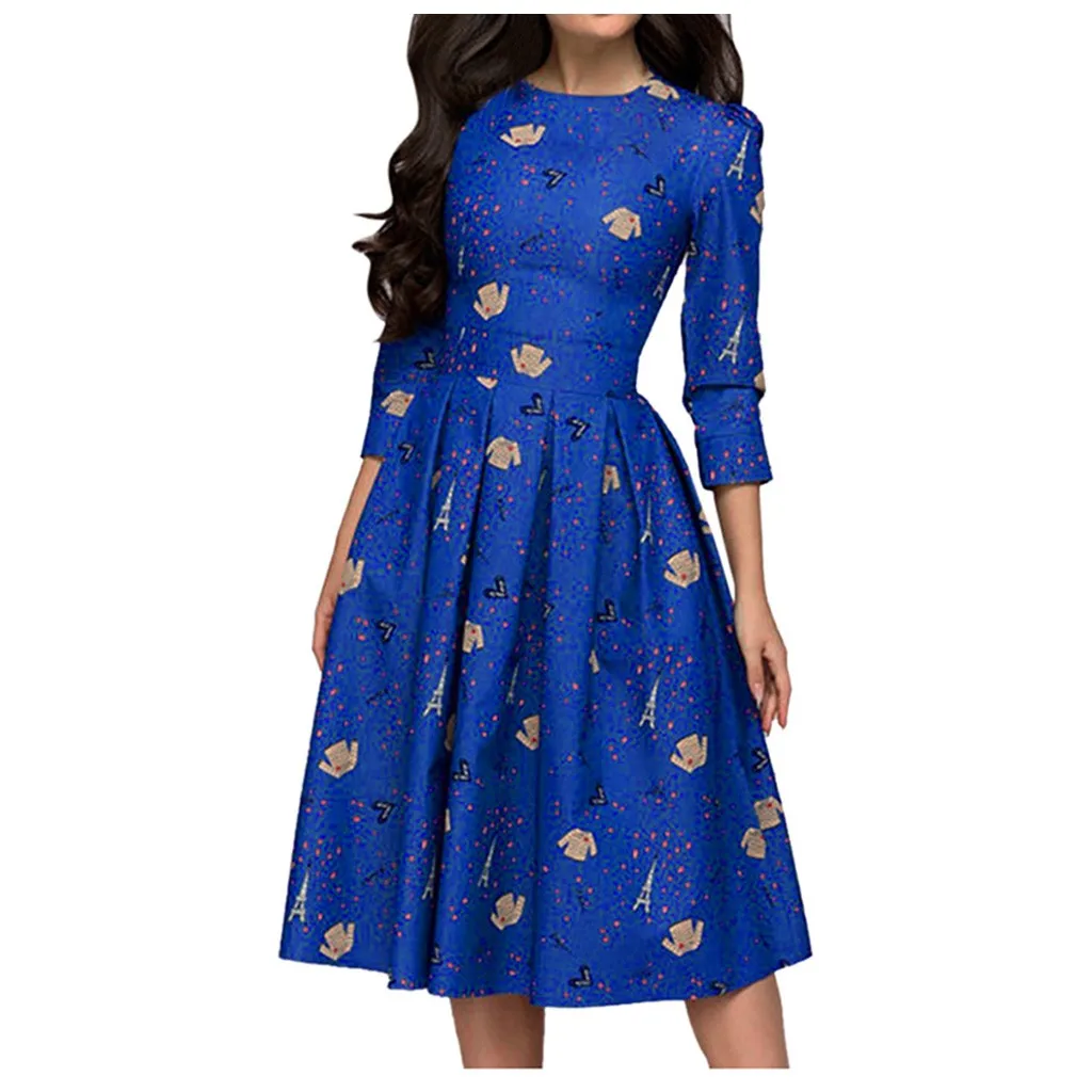 Винтажное платье женское модное Цветочное с круглым вырезом и рукавом 3/4