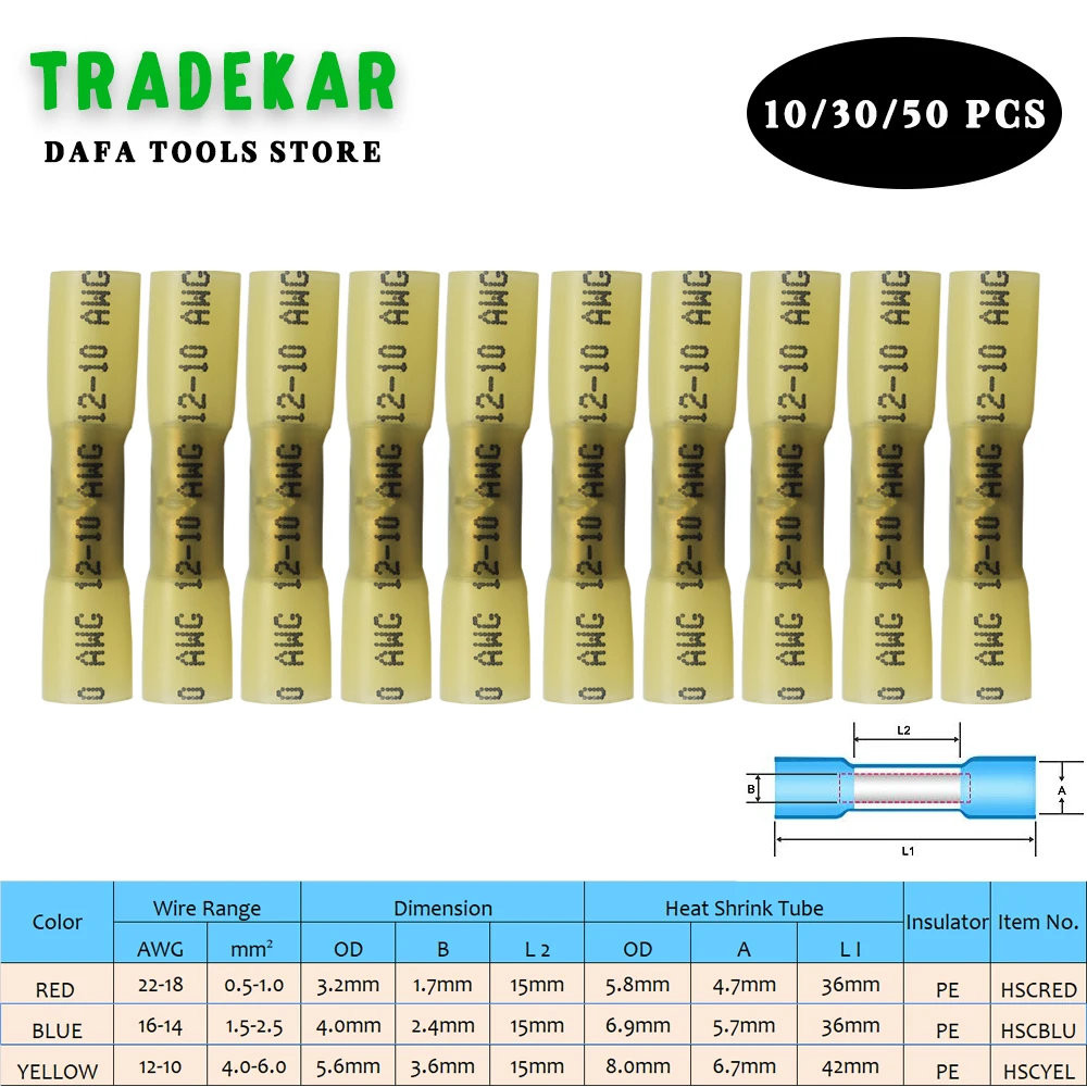 

12-10AWG 4.0-6.0mm HDPE Material Waterproof Electrical Wire Connectors Heat Shrink Butt Connectors Crimp Terminals 10pcs
