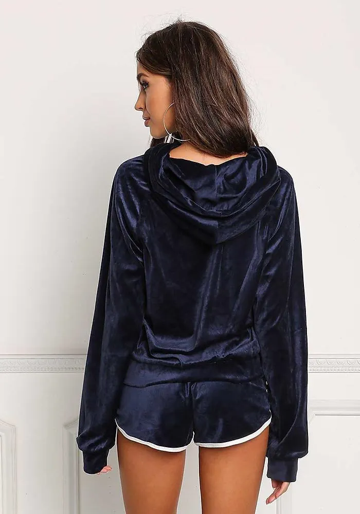 

New Fashion Women's Two Piece Hoodie Velvet Long Sleeve Lace Up Drawstring Top White Hem Shorts
