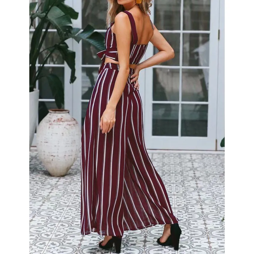 Женский укороченный топ в полоску с широкими штанинами комплект из 2 предметов