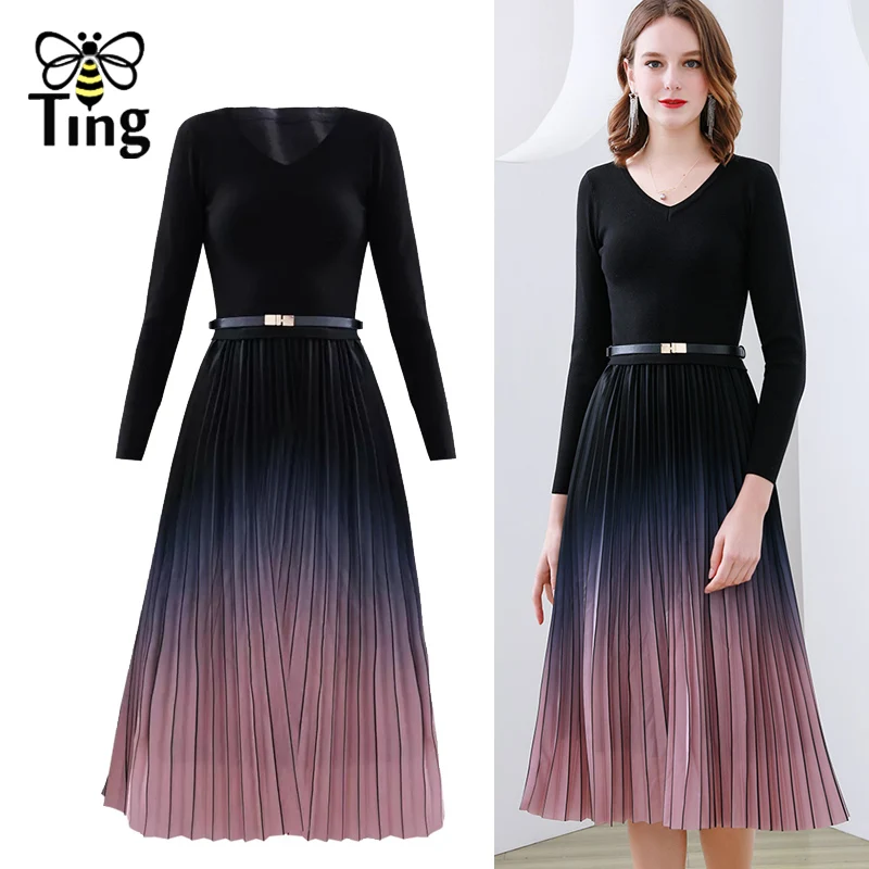 Женское весенне-осеннее трикотажное плиссированное платье миди в стиле пэчворк -