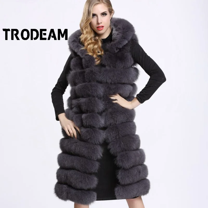 

Женский меховой жилет TRODEAM, из цельного лисьего меха, с капюшоном, из искусственного меха, мягкий и теплый, зима жилет без рукавов с капюшоном