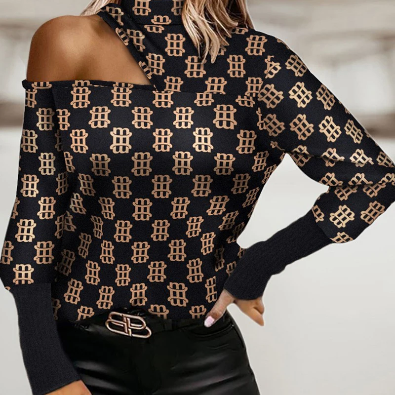 

Блузка женская с открытыми плечами, элегантная ажурная рубашка в клетку с принтом, Модный Топ с длинным рукавом, повседневный пуловер с круг...