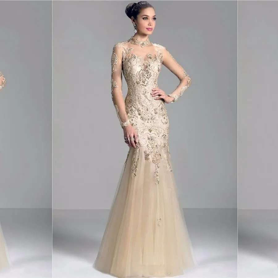 

vestido de noiva Champagne High neck Evening 2018 Tulle Mermaid Long Sleeves Sheer Back Zipper Prom DMother of the Bride Dress