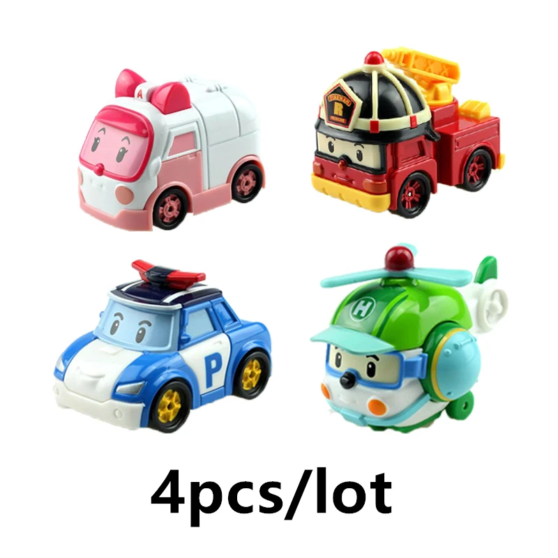 

4pcs/lot Robocar Poli Korea kid Toys Robocar Poli Anba Roy Anime Metal Car Model Action Figures Car Toys For Children Gift