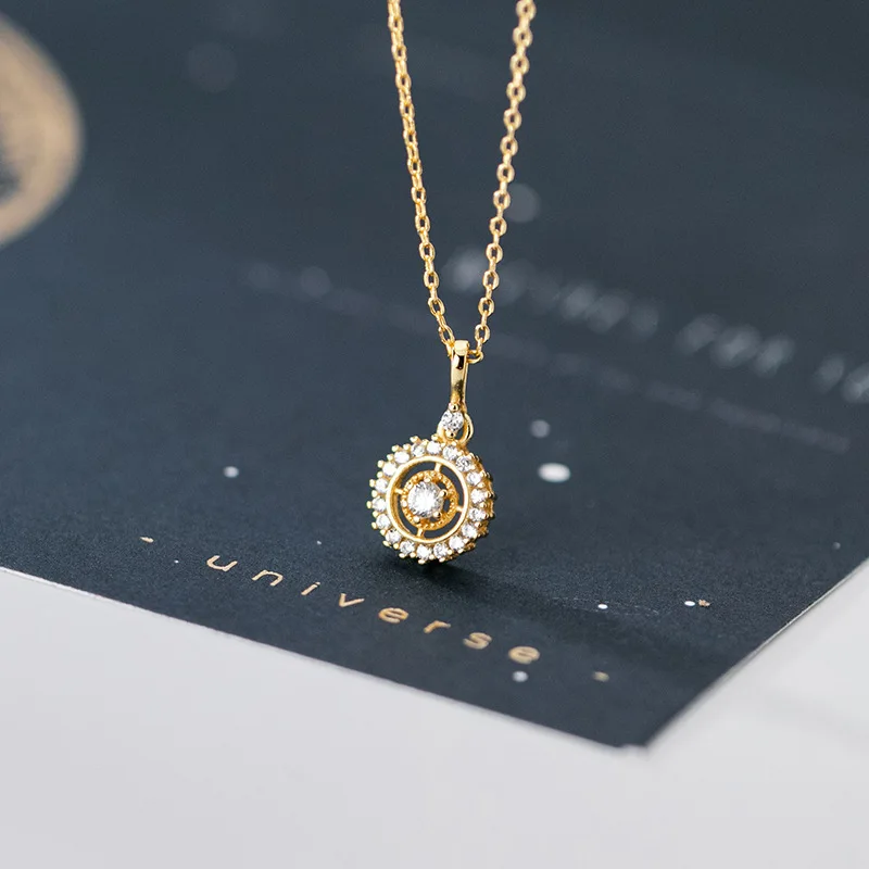 

Ginin Round Full Zircon Shiny Pendant 925 Sterling Silver Necklace For Women Korean Style Fashion Circle Simple Jewelry Female