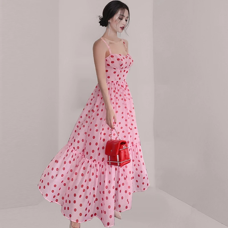 

Thin Dot Print High Waist Summer Dress Office Ladies High Waist Long Maxi Dresses for Women Big Swing Casual Party Dress TA979