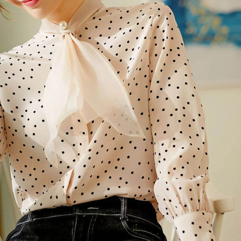 

Новая шелковая блузка с принтом в горошек, модная рубашка из шелка тутового шелкопряда с бантом, рубашка с длинными рукавами, восстанавлива...