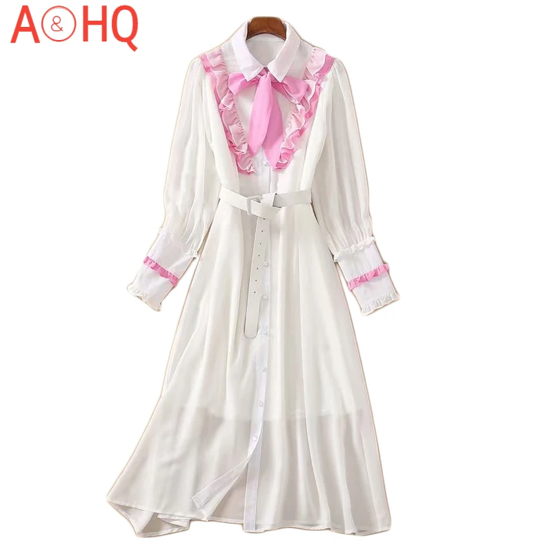 

Runway 2021 Spring Summer New Women'S Bow Streamer Lapel Patchwork White Belt Fashion Party Midi Dress