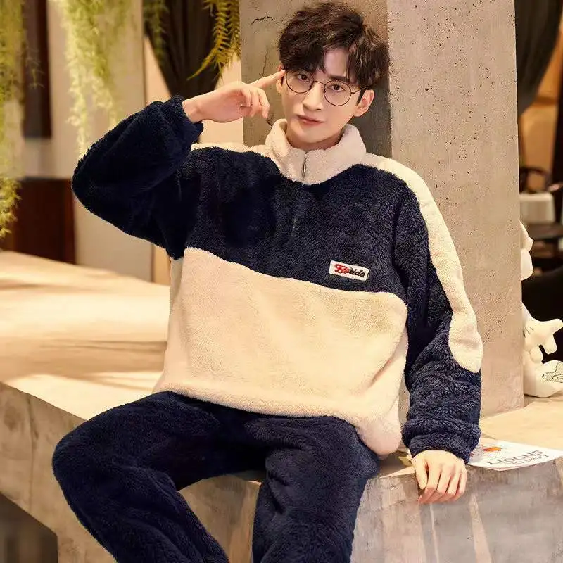 Pajamas Sets For Men Winter Thicken Warm Coral Velvet Sleepwear 2 Piece Flannel Home Suit Soft Nightwear Homewear Home Cloth