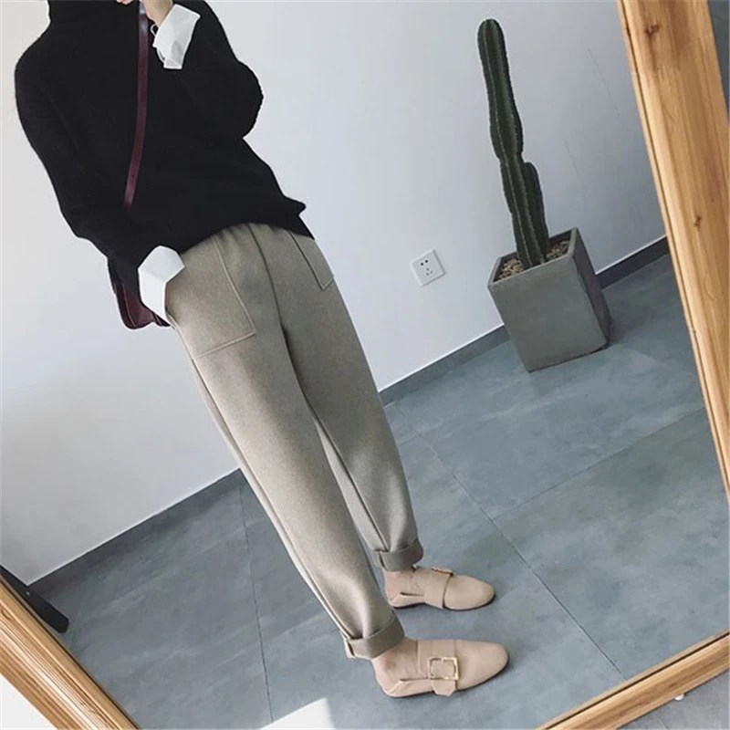 BGTEEVER Autumn Winter Thicken Pants Women Elastic Waist Pockets Woolen Female Pencil Pant Elegant Warm Trousers femme