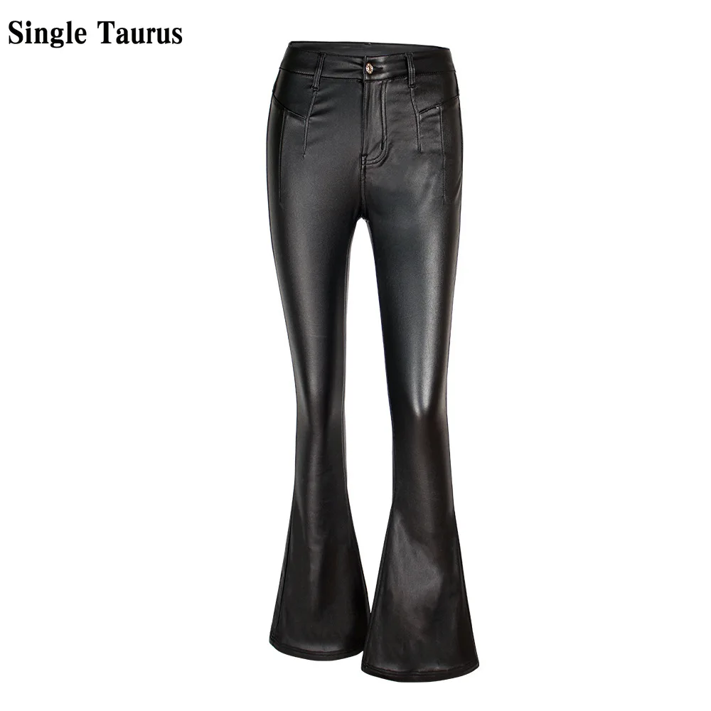 

Брюки из искусственной кожи с завышенной талией, черные широкие штаны с расклешенными штанинами, с флисовой подкладкой, с эффектом пуш-ап