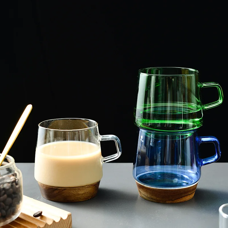 

Wood Holder Colorful Transparent Creative Glass Coffee Tea Drinks Dessert Breakfast Milk Cup Glass Mugs Handle Drinkware Gifts