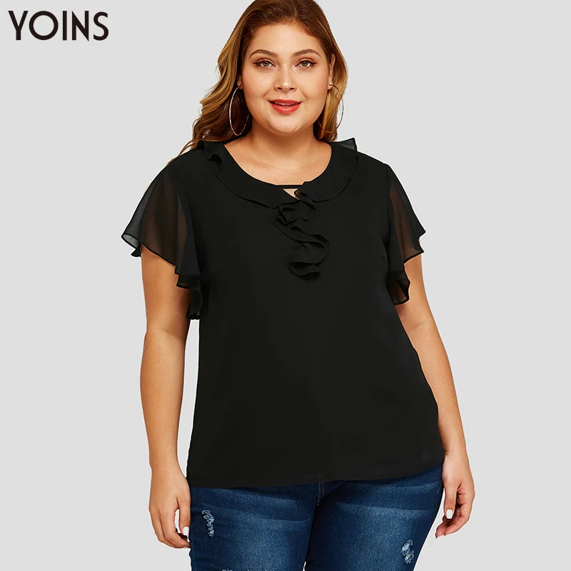 Женская блузка YOINS с оборками круглым вырезом и коротким рукавом Элегантная